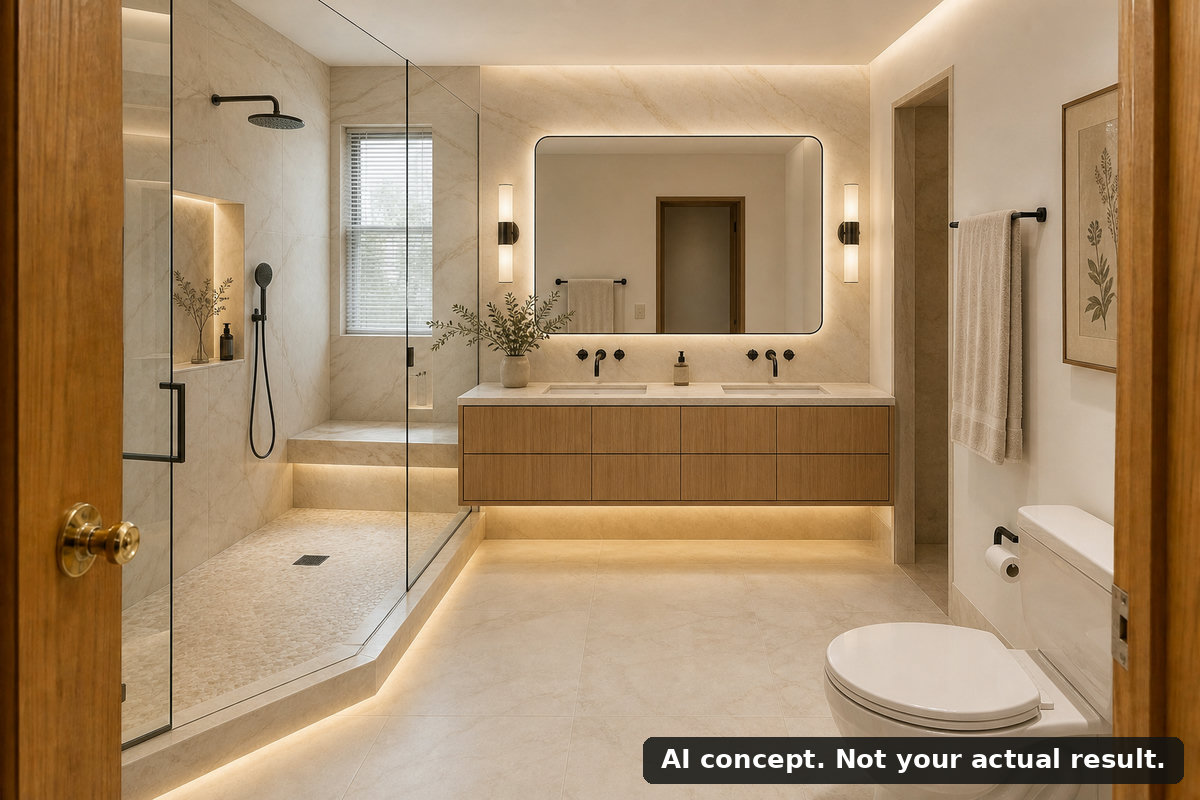 Example AI concept of the same bathroom at the Custom Remodel band, not a photo of a completed project