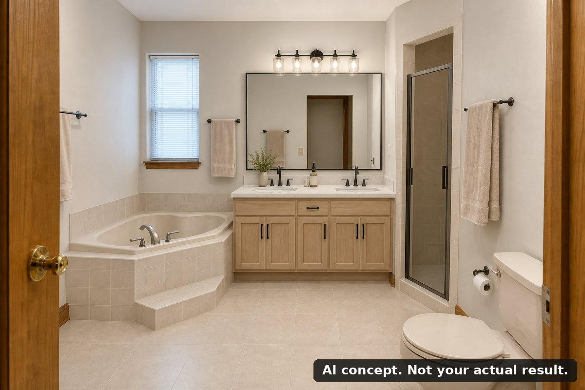 Example AI concept of the same bathroom at the Fresh Finishes band, not a photo of a completed project